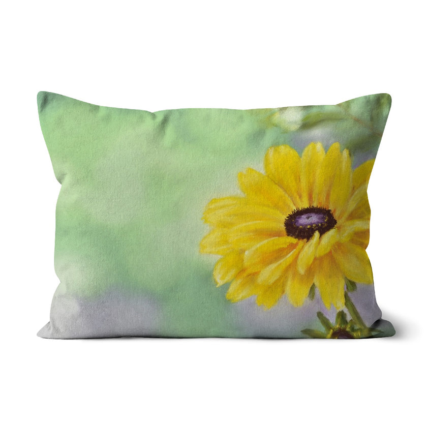 A rectangular throw cushion featuring a printed Yellow Daisy flower design