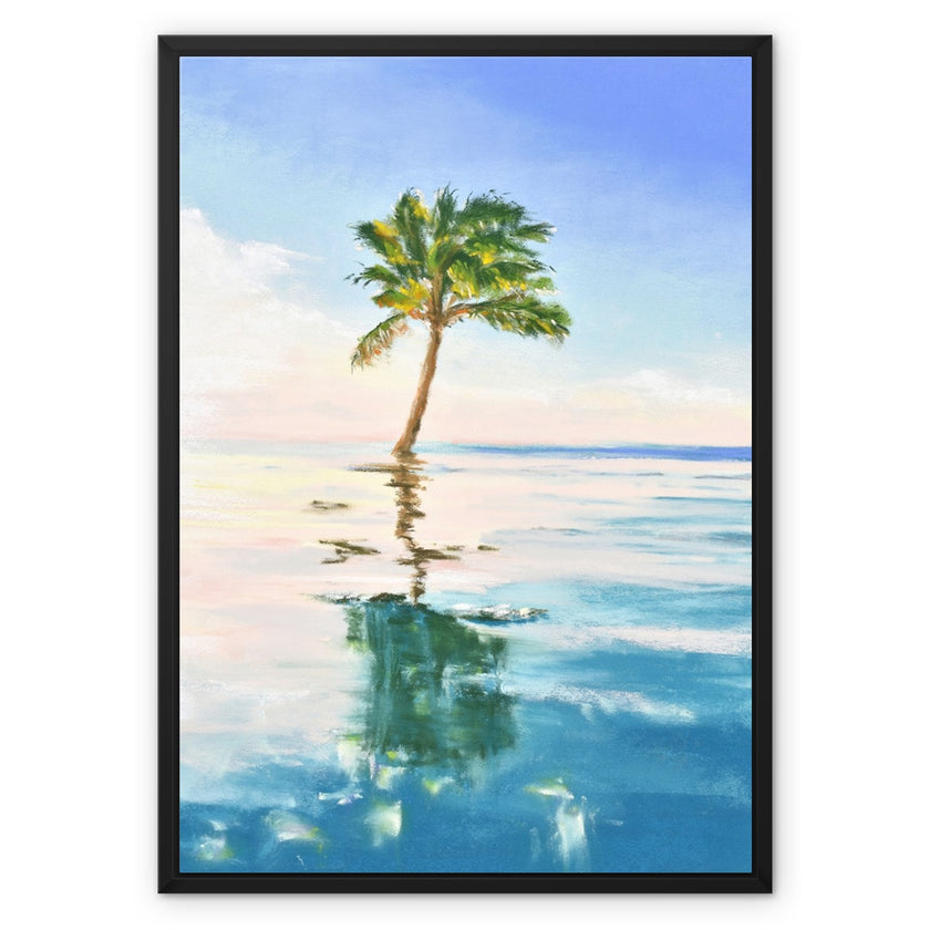 Palm tree artwork. Canvas fine art print in a black picture frame. 