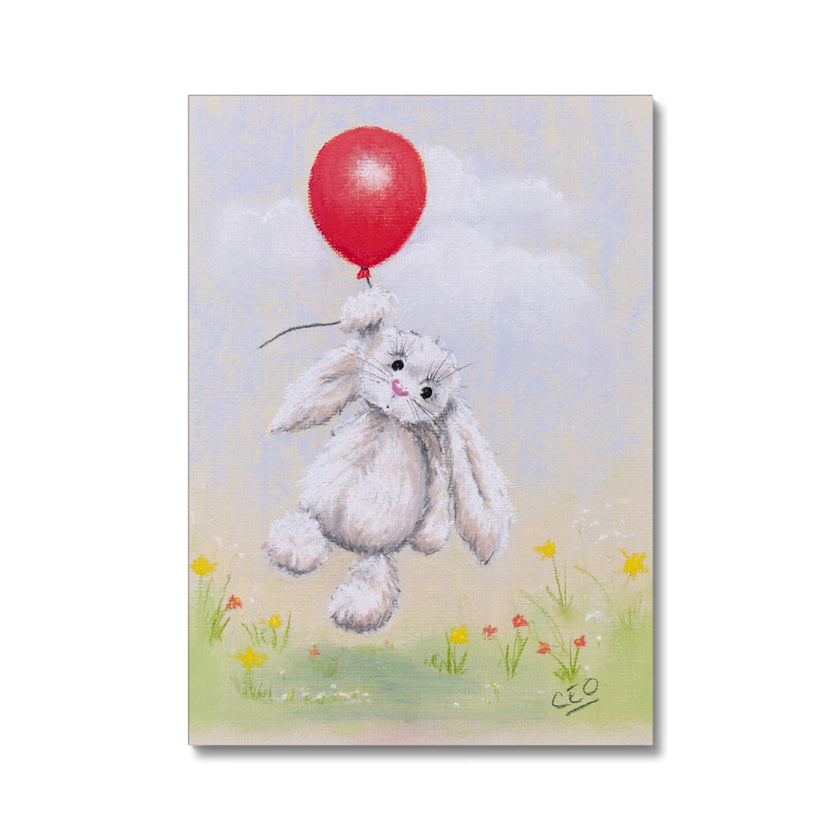 Adorable Rabbit floats from a red balloon nursery art canvas print
