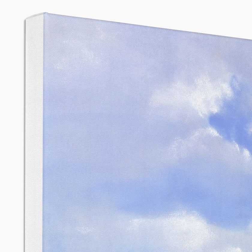 The White Sailboat canvas art print. Close up of corner detail and white wrap.