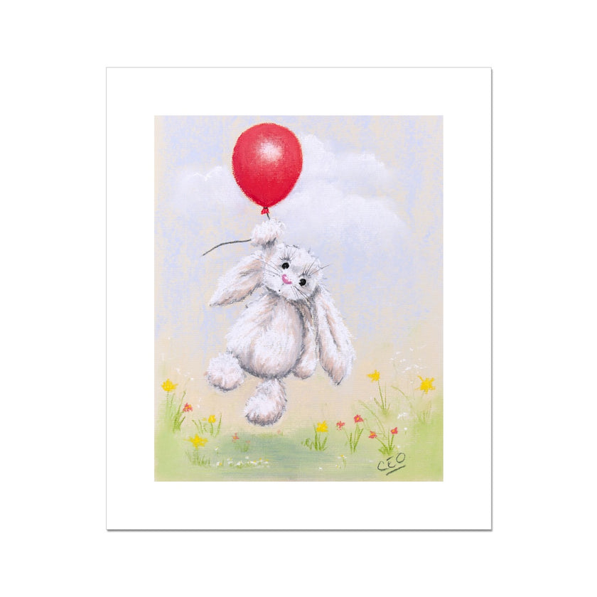 White flopsy rabbit floating above delicate flowers from a red balloon, nursery art canvas print.