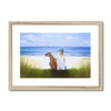 A Boy and His Dog at the beach painting. Fine art print in a natural frame. Landscape orientation