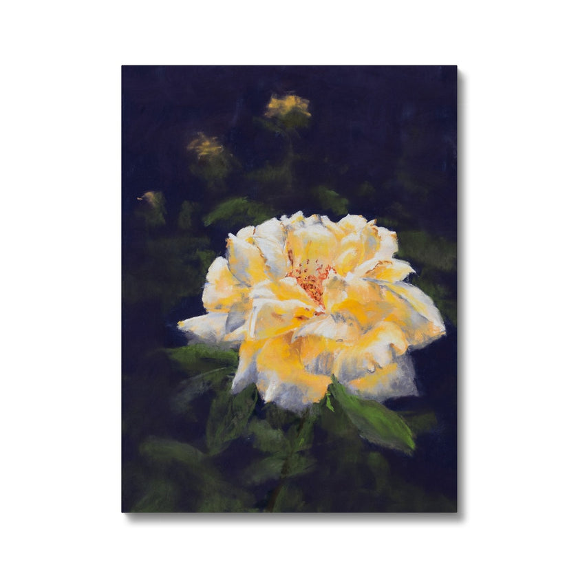 Yellow rose on a dark violet background artwork, canvas fine art print. 