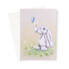 Adorable white rabbit offering a butterfly a bouquet of daisies, art greeting card. Portrait orientation
