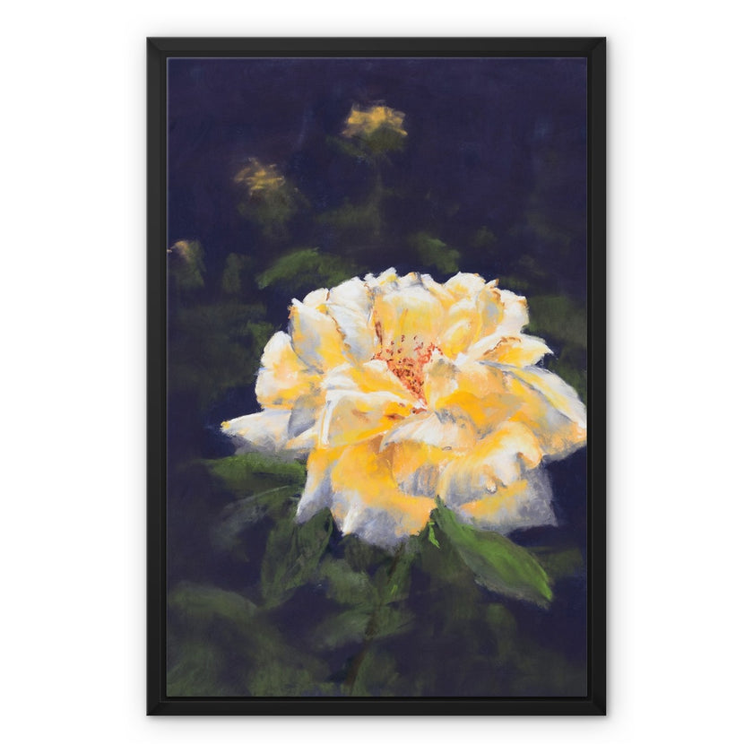 Yellow rose artwork canvas print with black frame. 
