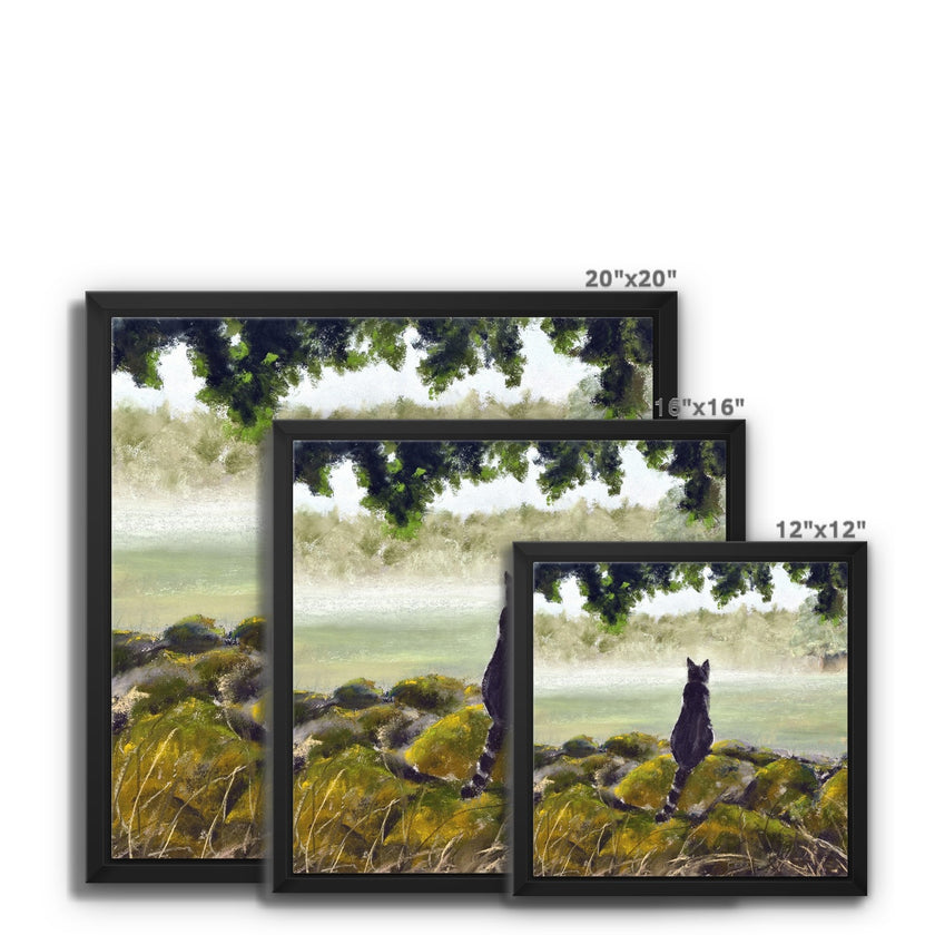 Sleek black pussy cat painting. Square canvas fine art prints in a black picture frame. Different sizes