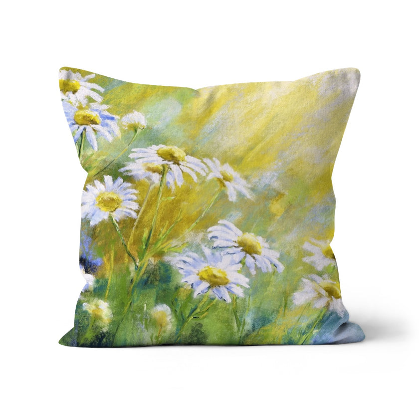 Square floral scatter cushion. Yellow and white