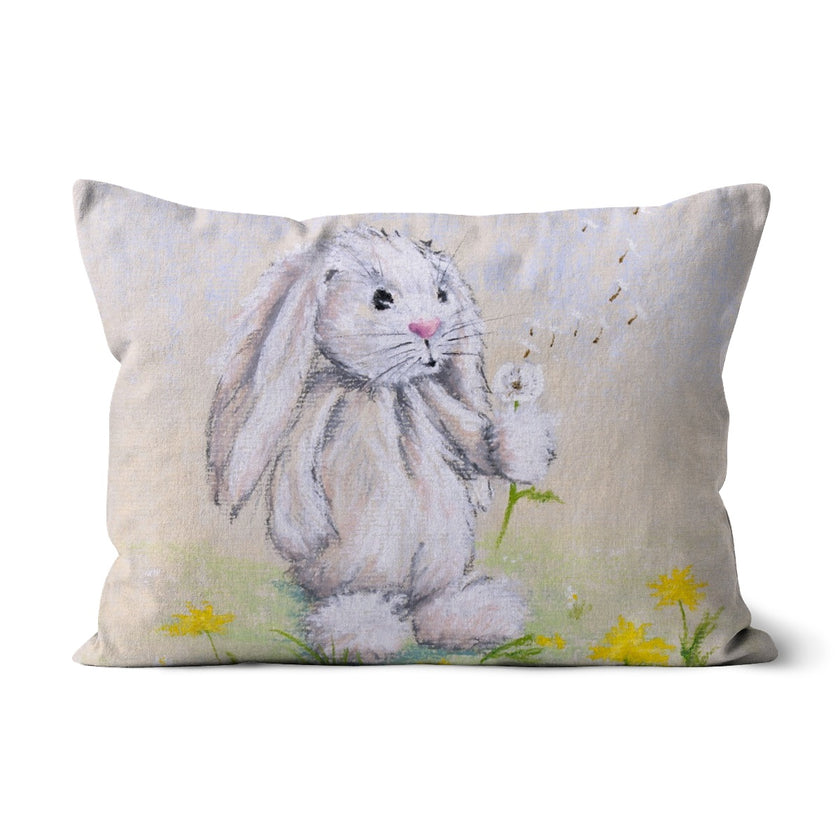 Rabbit and dandelion seed art sofa cushion. Rectangular shape