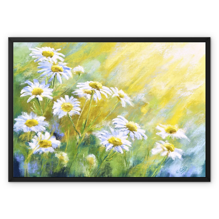 White daisy flowers painting. Canvas art print within a black picture frame. 