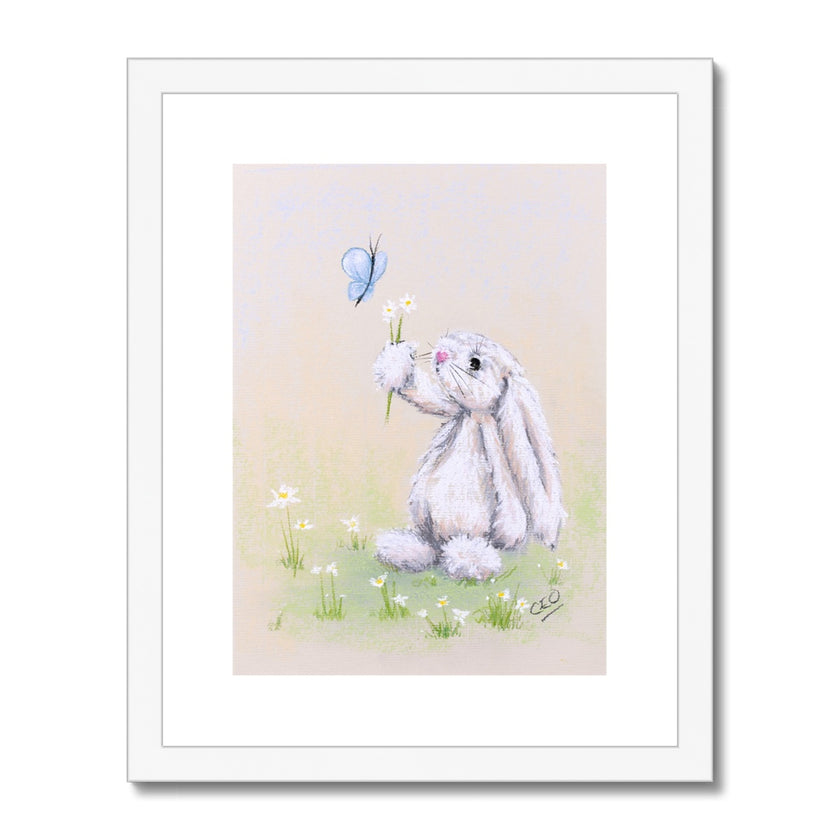Adorable rabbit, flowers and butterfly, artwork. Fine art print in a white frame with a white mount.