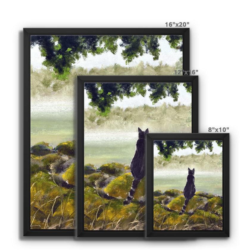 Sleek black pussy cat painting. Canvas fine art prints in a black picture frame. Different sizes