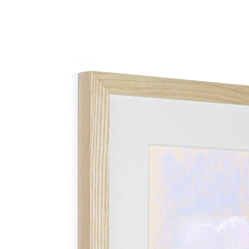 Rabbit and balloon nursery fine art print in natural frame with white mount. Top corner detail