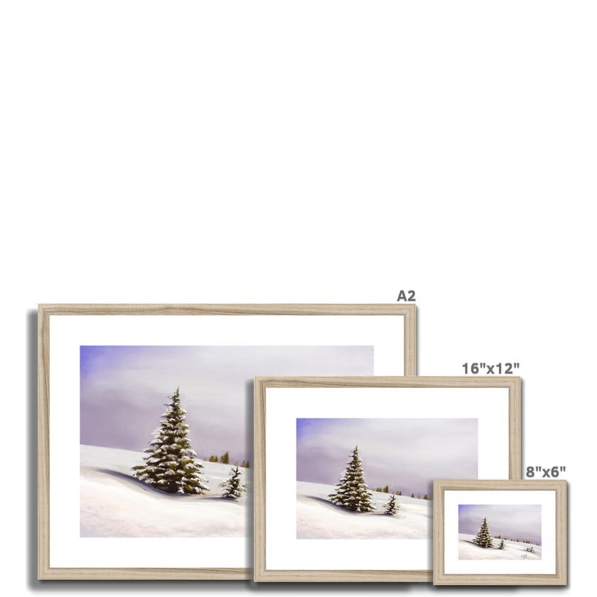 Beautiful winter landscape and trees covered in snow, artwork, fine art prints in natural wooden frame. Different sizes