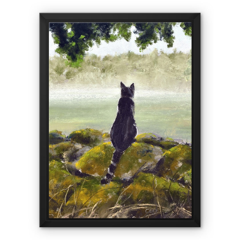 Sleek black pussy cat painting. Canvas fine art print in a black picture frame. Portrait format