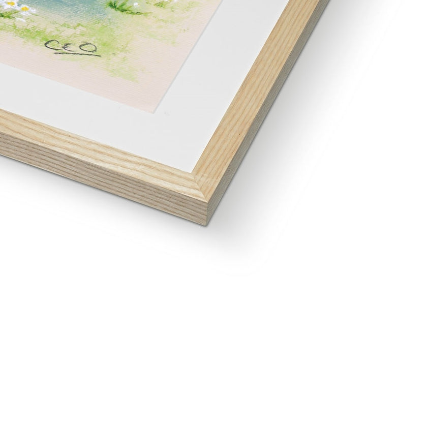 Rabbit nursery art print. Natural frame, corner detail