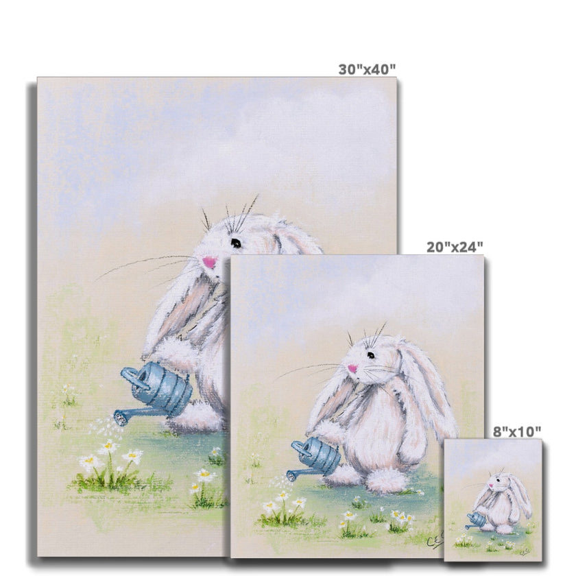Adorable white rabbit watering the daisies with a little blue watering can, canvas nursery art prints. Different sizes