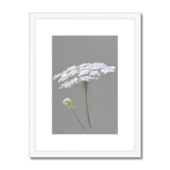 White and grey floral art print in white frame with white mount