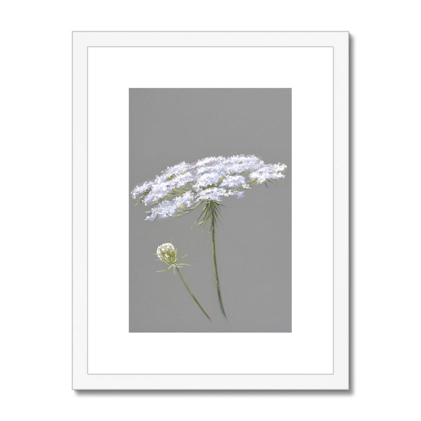 White and grey floral art print in white frame with white mount