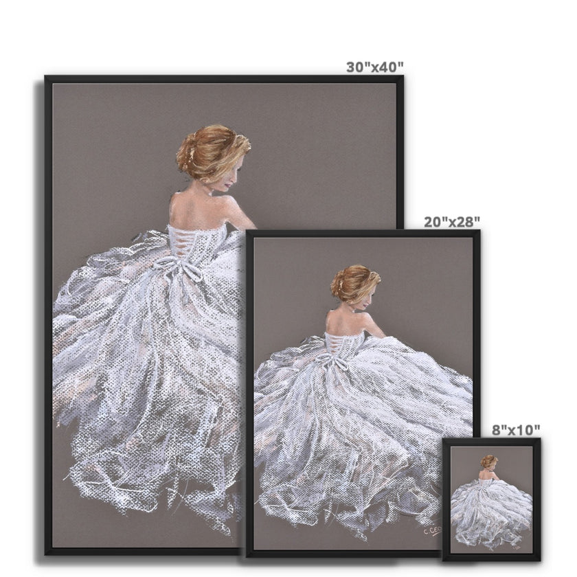 Beautiful modern woman in a white dress art. Fine art canvas prints with picture frame. Different sizes