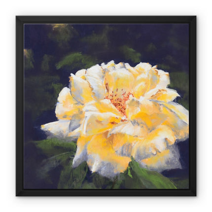Elegant Yellow Rose artwork. Square canvas print in a black picture frame.