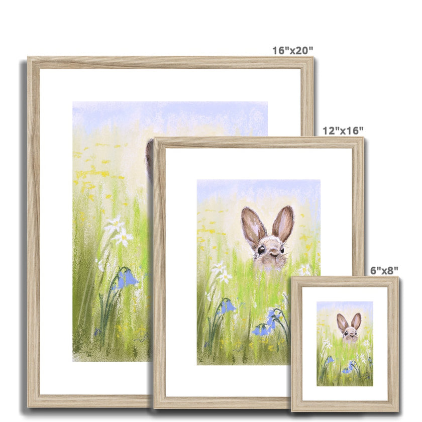 Rabbit in the meadow flowers. Nursery art prints with natural light wooden frame and a white mount. Different sizes