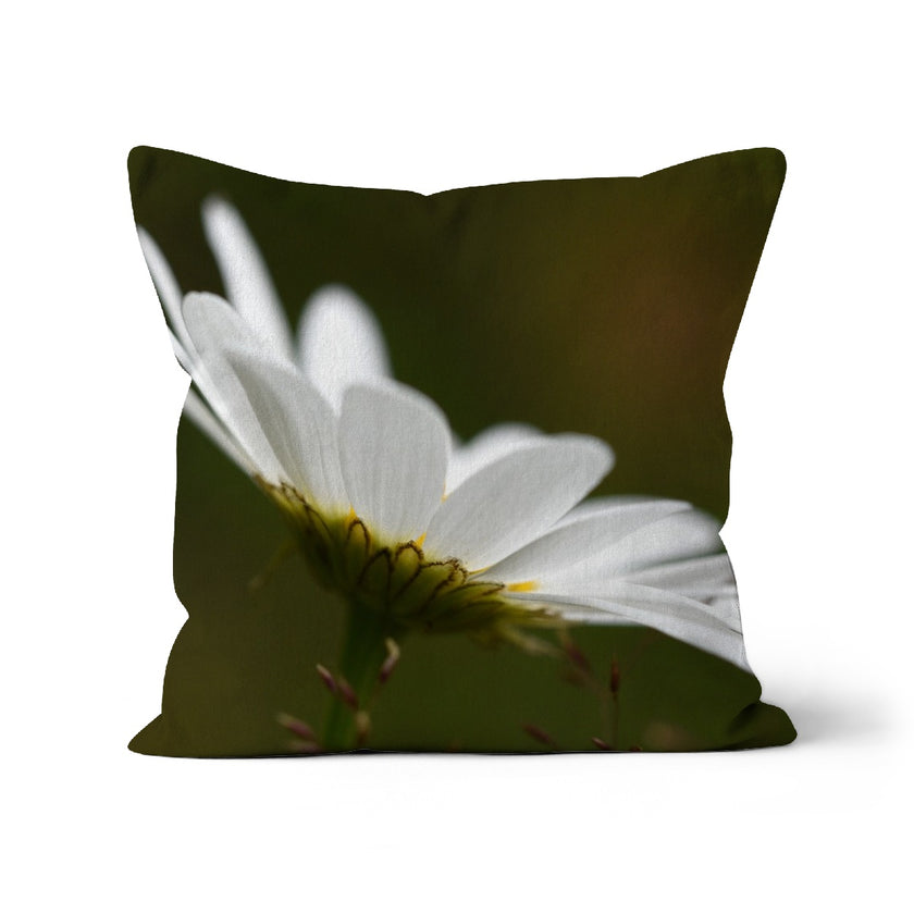 White daisy square throw pillow. Square. Cotton canvas. White and green