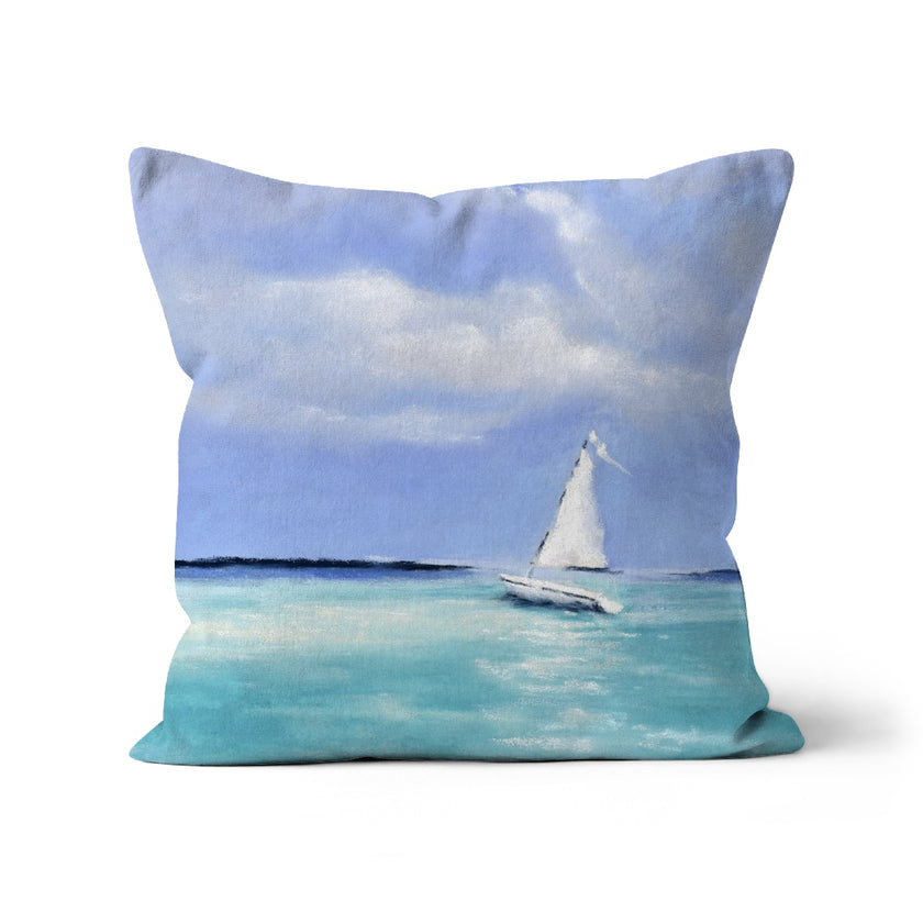 The White Sailboat afloat shimmering turquoise seas, square artwork design throw pillow