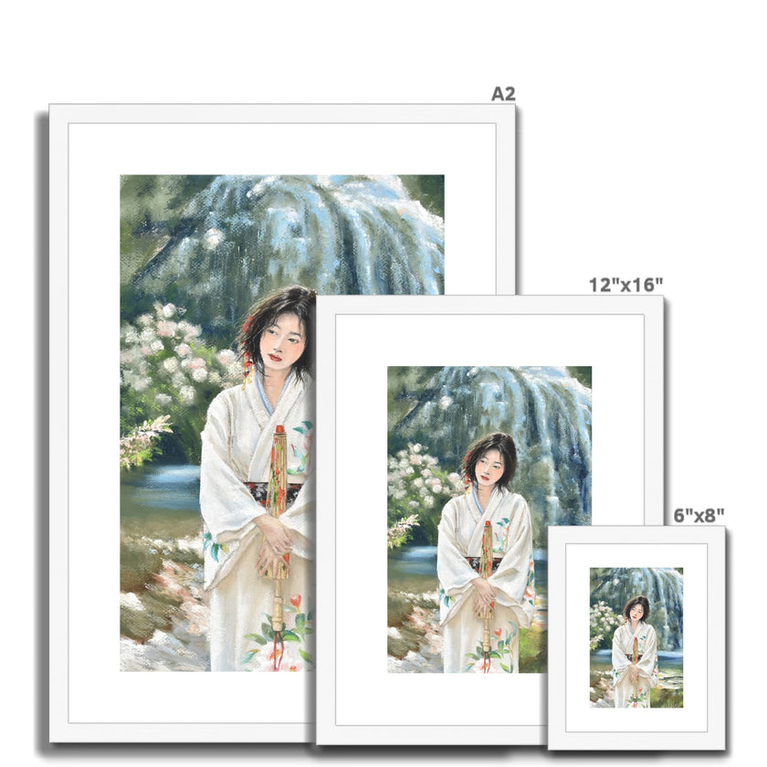 Japanese Kimono art. Fine art prints with a white frame and a white mount. Different sizes