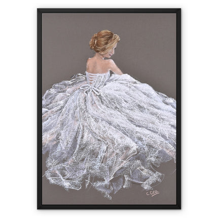 Beautiful young woman in a white dress art. Canvas art print with black picture frame