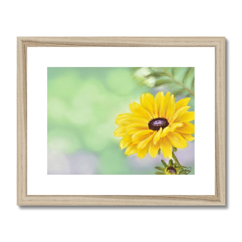 Yellow Dahlia Flower artwork print with a natural frame with white mount