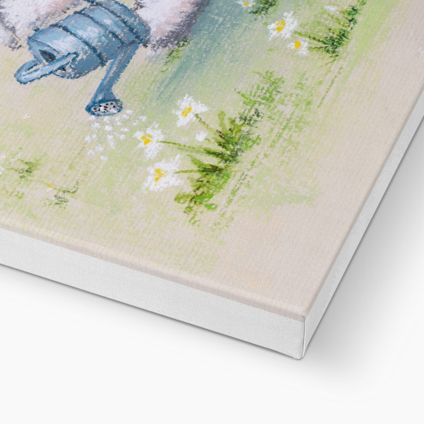 Rabbit nursery canvas art print. Close up of bottom corner detail
