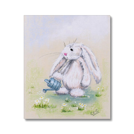 Adorable white rabbit watering the daisies with a little blue watering can art print. 