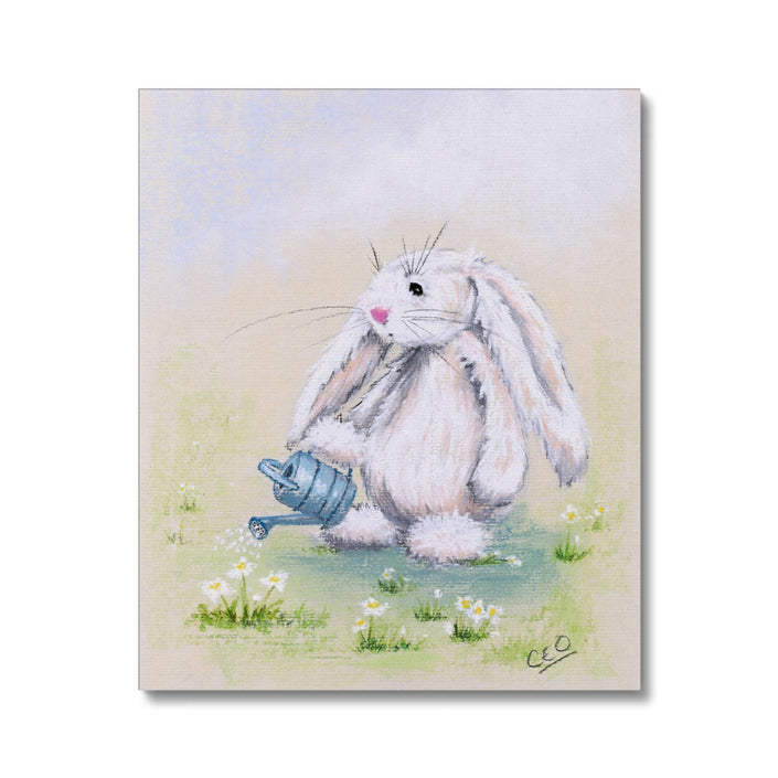 Adorable white rabbit watering the daisies with a little blue watering can art print. 
