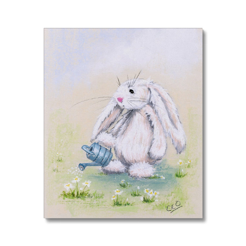 Adorable white rabbit watering the daisies with a little blue watering can art print. 