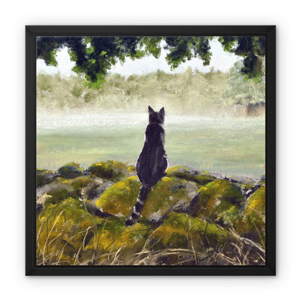 Sleek black pussy cat painting. Canvas fine art print in a black picture frame. Square format