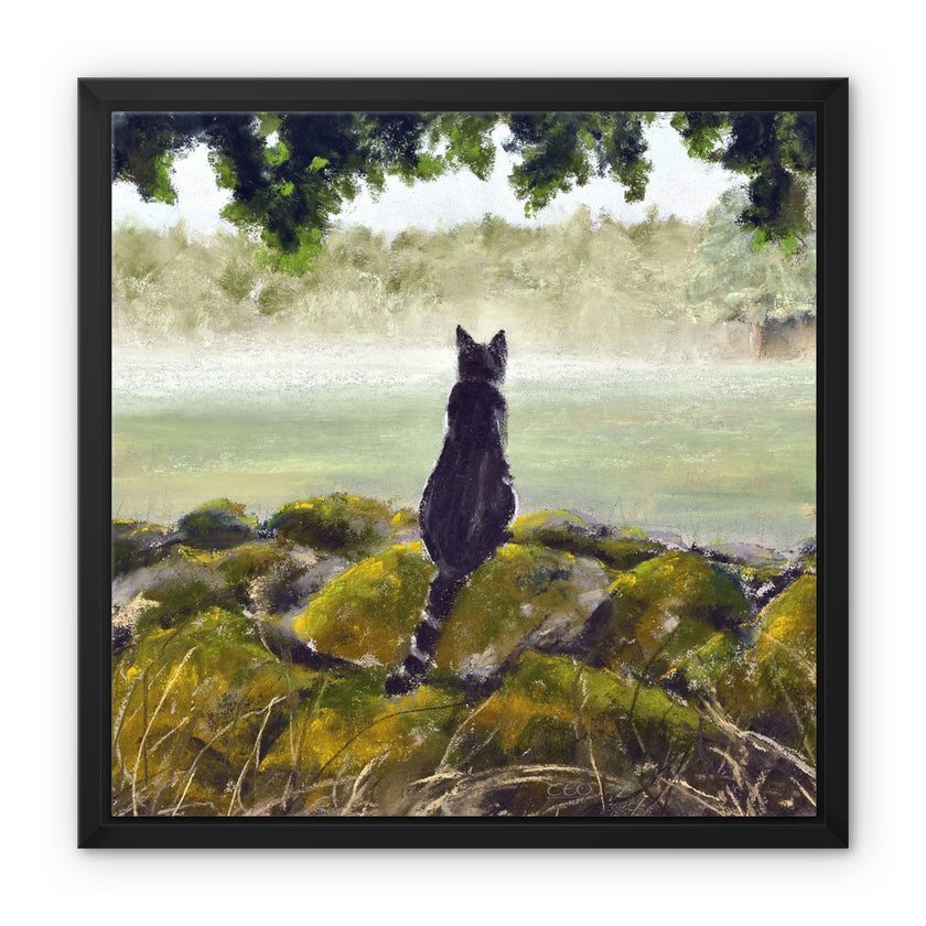 Sleek black pussy cat painting. Canvas fine art print in a black picture frame. Square format