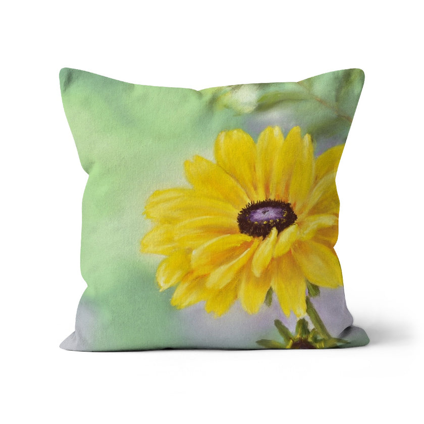 A square throw cushion featuring a printed Yellow Daisy flower design