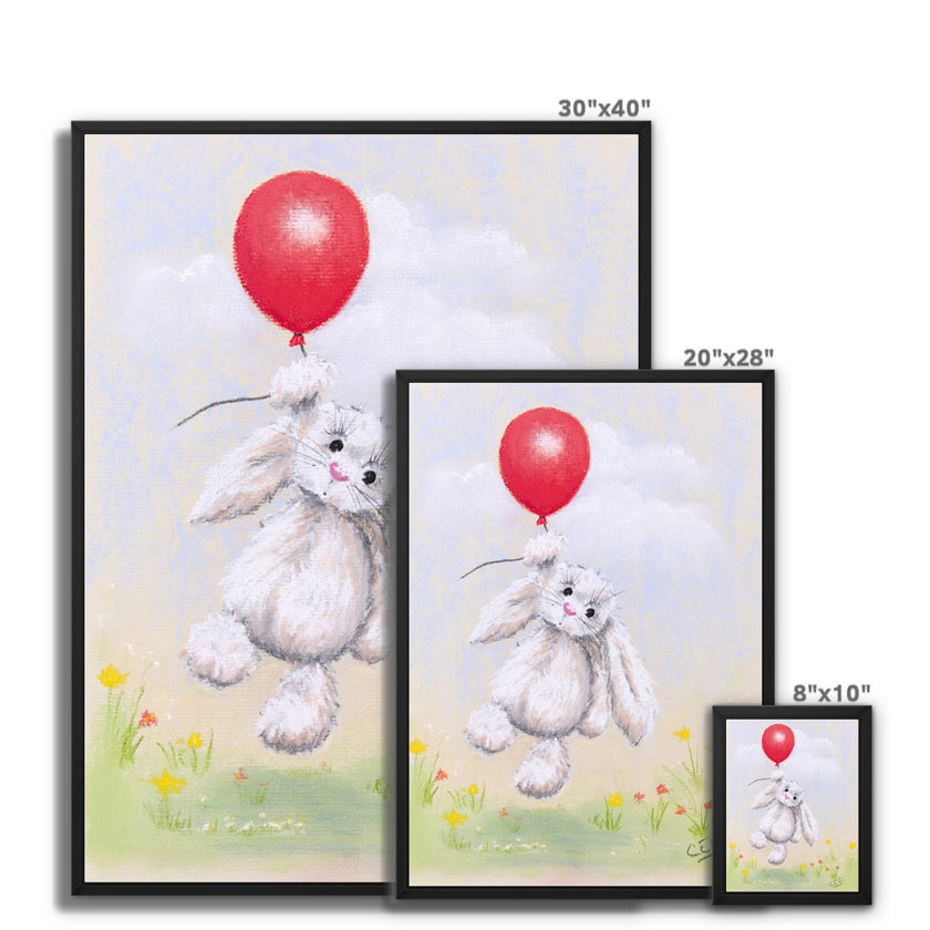 Rabbit and balloon art canvas print in a picture frame. Different sizes.