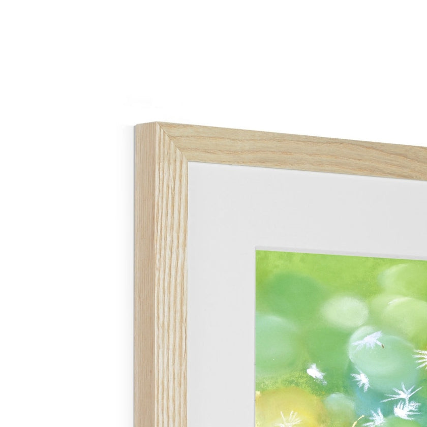 Fine art print in natural light wooden frame with white mount. Top corner detail