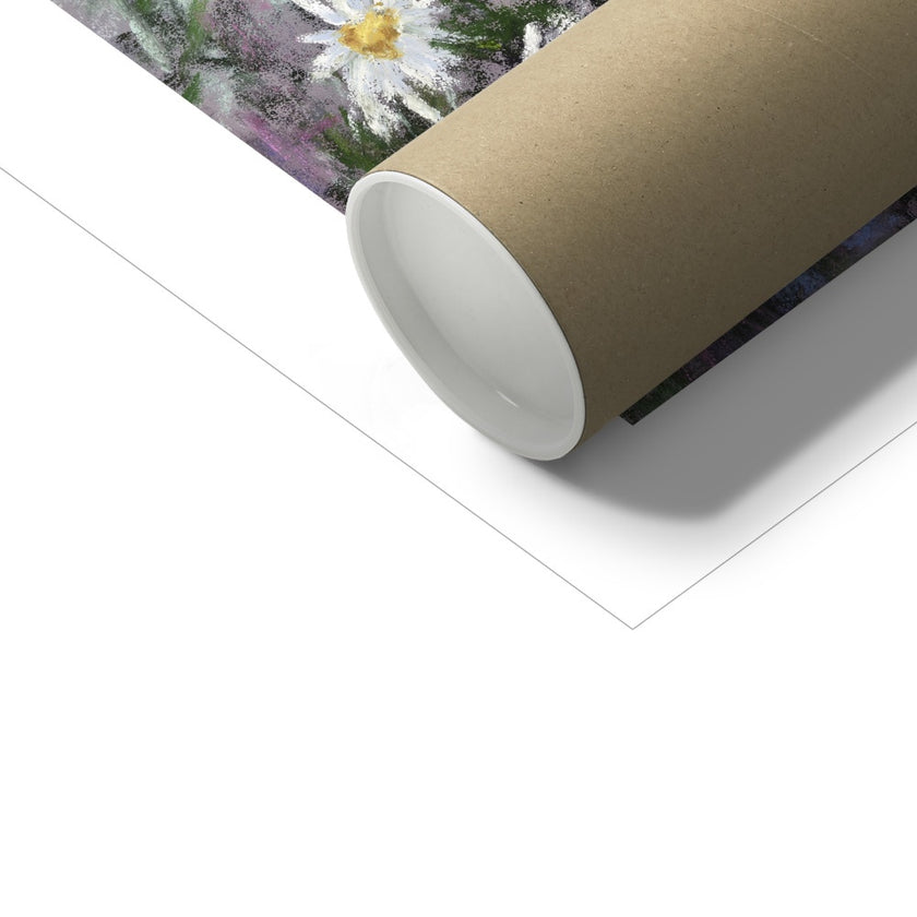 Crazy Daisies art print. Close up of corner and cardboard tube used for shipping