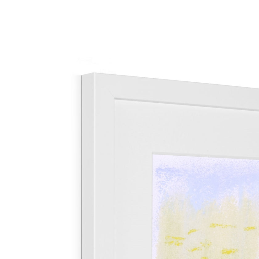 Fine art print with white frame and a white mount. Top corner detail