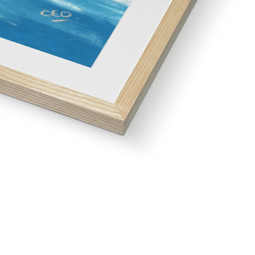 Palm tree set against blue sky and reflecting in clear turquoise water. Fine art print in a natural light wooden frame with a white mount. Corner detail