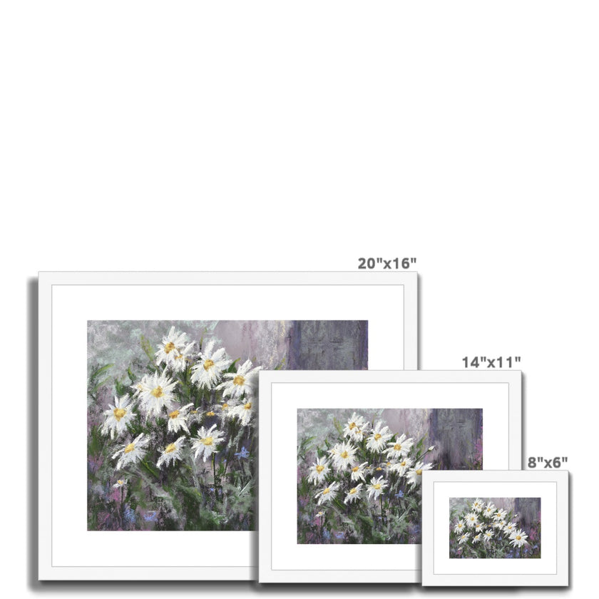 Fashionable white daisy flowers artwork, fine art prints in white frame with white mount. Different sizes