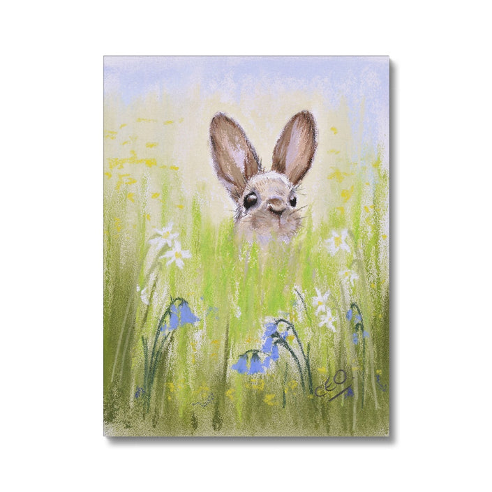 Brown Rabbit peeping over the meadow flowers and grasses artwork, canvas print. 