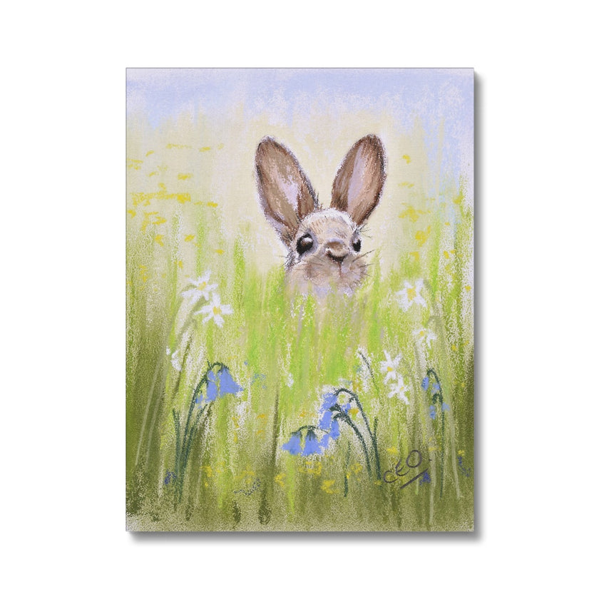 Brown Rabbit peeping over the meadow flowers and grasses artwork, canvas print. 