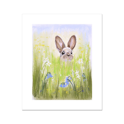 Brown Rabbit peeping over the meadow flowers and grasses artwork. Unframed Eco and Vegan-friendly canvas print with a white border. 