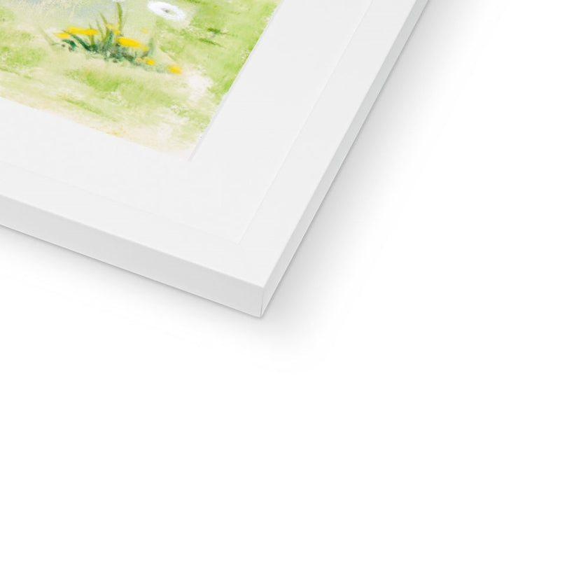 Fine art print in white frame with a white mount. Corner detail