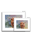 Scottish Highland Cow painting, fine art prints in white frame with a white mount. Different sizes