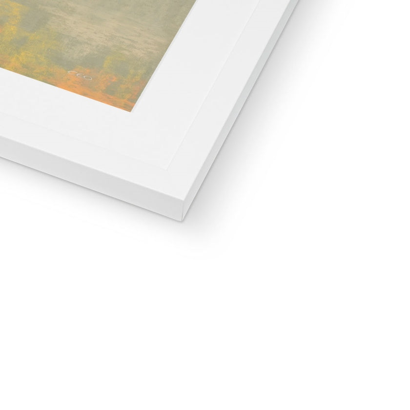 Highland Cow framed and mounted art print. Close up of bottom corner and white frame