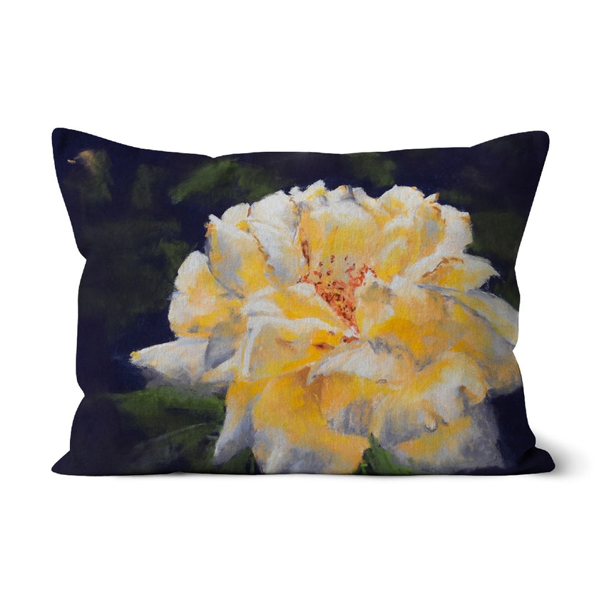Yellow rose design throw pillow. Super-soft faux suede. Rectangular. Yellow and violet